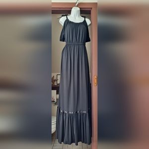 ACT I New York Black Ruffled Floor Length Vintage 1970's Spaghetti Strap Dress